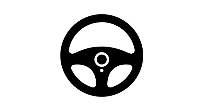 A simple black steering wheel icon on a white background