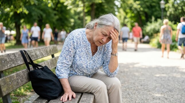 An elderly woman sitting on a park bench with her hand on her forehead, appearing distressed. She is wearing a floral patterned blouse and beige pants, with a dark bag beside her on the bench.