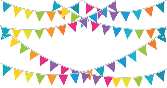 Colorful bunting flags vector illustration set, bright festive hanging pennant garland borders collection isolated on white background