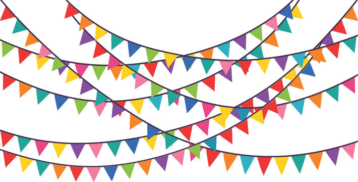 Colorful bunting flags vector illustration set, bright festive hanging pennant garland borders collection isolated on white background