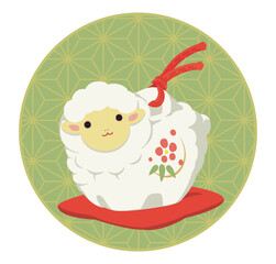 Fototapeta premium かわいい子羊の土鈴のイラスト、未年のお正月飾り（緑色の背景）
