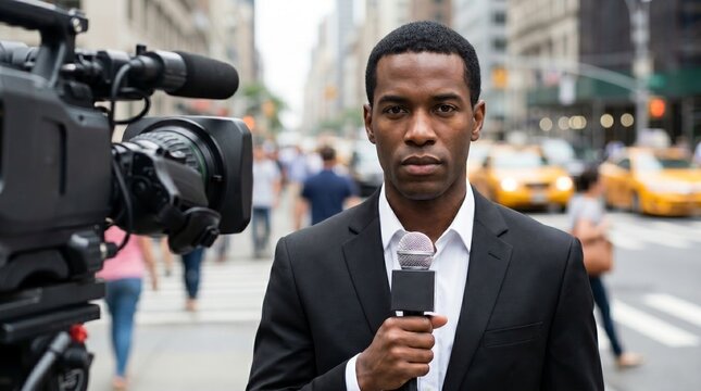 African american man reporter with microphone filming news report on city street. Professional broadcast journalist recording live segment for television.