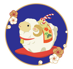 Fototapeta premium かわいい羊の土鈴のイラスト、未年のお正月飾り（青い背景）