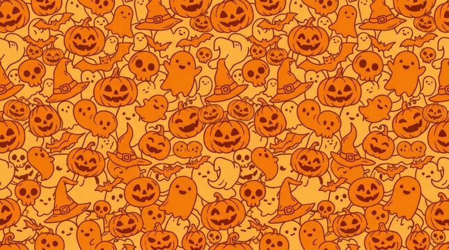 Halloween pattern with pumpkins ghosts skulls and witches hats on orange background