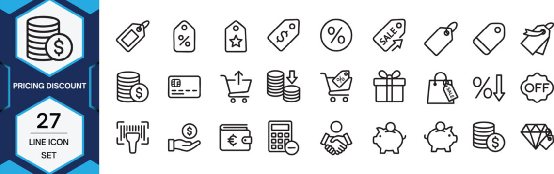 Pricing editable line icon set, price, icon, value, cost, pricing, price tag
