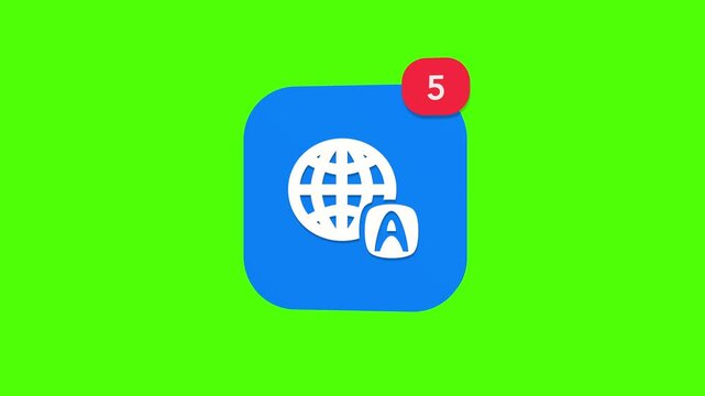 3D blue world globe sphere with a classic text chat bubble detailing a foreign language alphabet letter indicating global translator notification icon popping up on green screen.