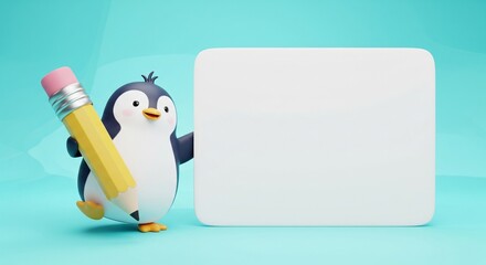 Obraz premium Cute Cartoon Penguin Holding Yellow Pencil in Front of Blank Signboard