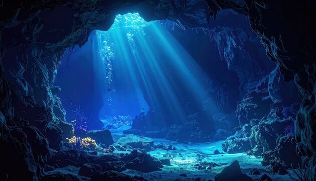 Sunlight rays streaming into deep blue underwater cave