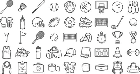 Naklejka premium Sports equipment and fitness gear hand drawn vector illustration set, team games balls, championship training tools, and athlete accessories sketch icons collection isolated