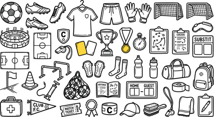 Soccer equipment and football match accessories line icon vector illustration set, championship training tools, stadium arena, and referee gear outline sketch symbols collection isolated © Akramul