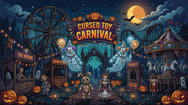 Cursed Toy Carnival entrance is guarded by spooky dolls and ghostly clowns under a dark and cloudy sky.