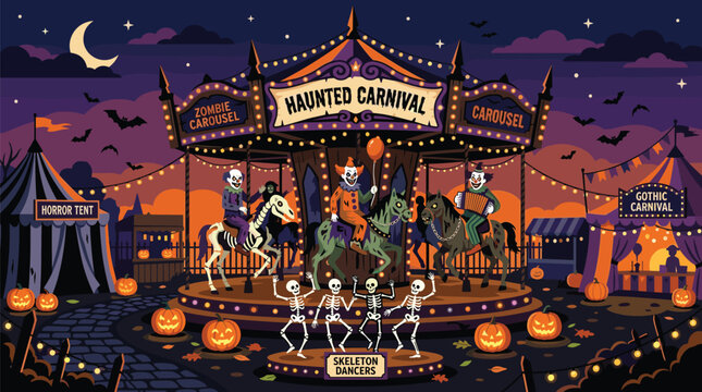 Skeleton horses and clown riders spin on a haunted carousel surrounded by dancing skeletons and pumpkins.