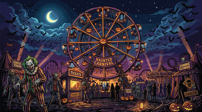 Ferris wheel with glowing pumpkin cabins towers over a haunted carnival where zombies roam the dark grounds.