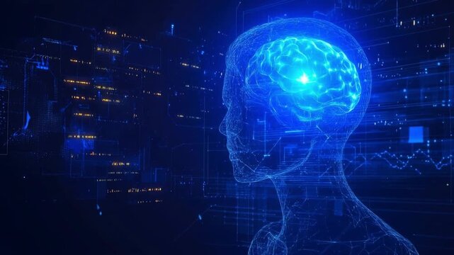 Innovative digital representation of a human brain showcasing neural activity with flowing data patterns in a futuristic environment for technological and healthcare applications