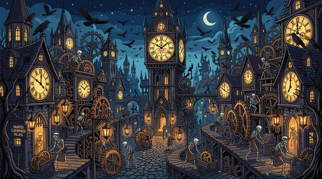 Skeletons work on massive mechanical gears in a haunted clockwork village under a starry night sky with moons.