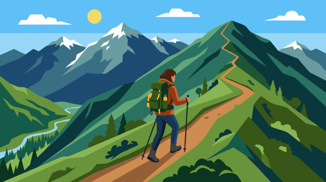 A clean flat vector illustration on a light background shows a backpacker hiking a mountain ridge trail, ideal for adventure travel and outdoor campaign designs.