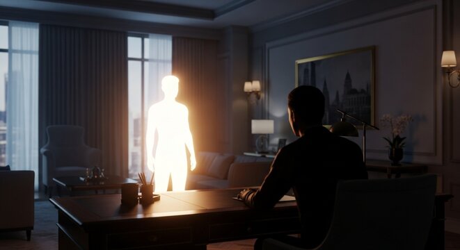 Man encounters glowing ethereal figure in dimly lit office