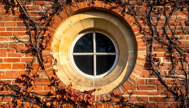 A round window on a brick wall surrounded by vines
