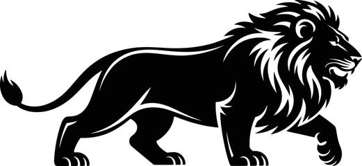 Black silhouette of a walking lion with long mane profile view  animal graphic © SAYEDAJANNATUL