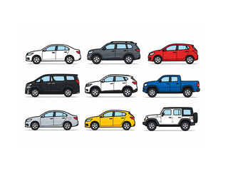 Fototapeta premium A collection of diverse vehicle types including SUVs, sedans, and trucks shown in a clean side profile view.