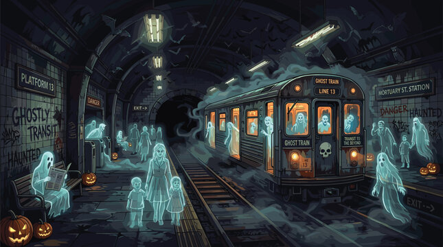 Haunted subway station with a ghost train and spectral passengers waiting on the platform amidst carved pumpkins and bats in the tunnel.