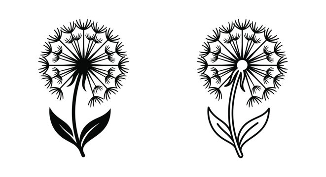 Black and white dandelion flower icons in solid and line art styles Vector