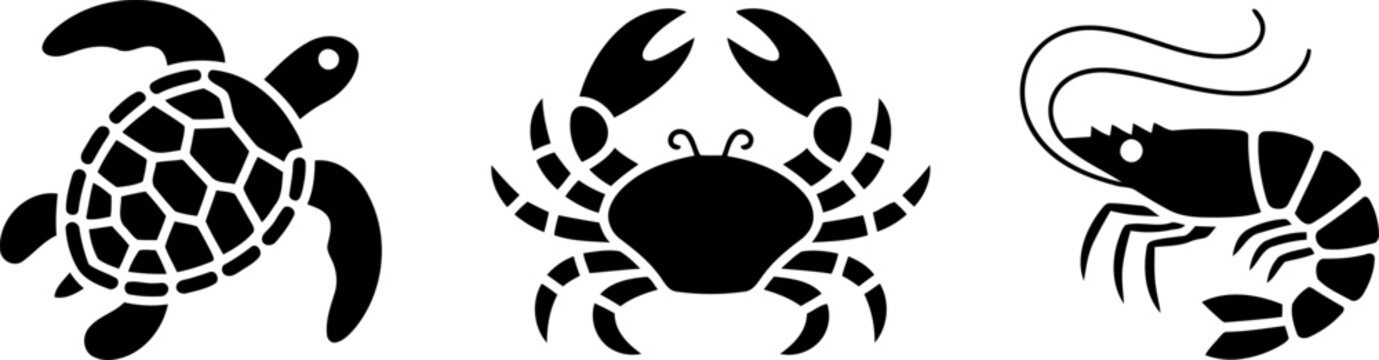 Black silhouettes of turtle crab and shrimp on white background