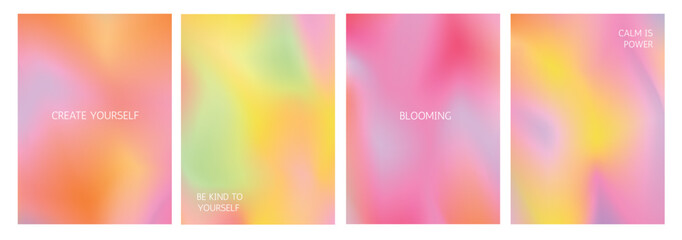 Fototapeta premium Poster set with motivate and inspirational phrase. Gradient blurred background with massage. Patel pink red mesh. Blurred y2k smooth wavy multicolor wallpaper