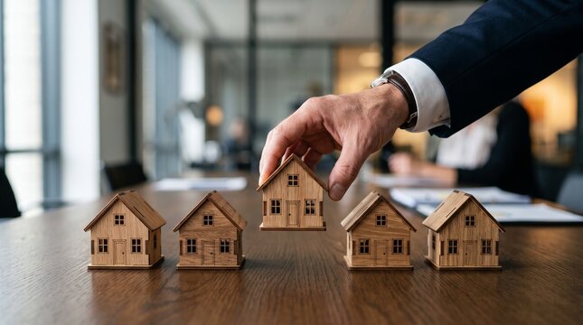 depicts a close-up of a person's hand, wearing a suit jacket and a watch, placing a small wooden model house into a row of similar model houses on a wooden table.