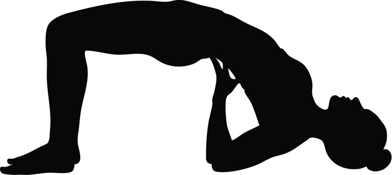 Yoga practitioner performs a deep bridge pose in a flexible backbend stretch to demonstrate strength and balance in this black silhouette graphic design.