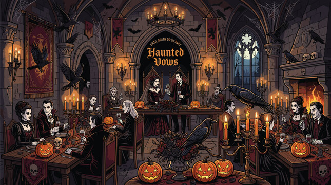 Vampire wedding banquet titled Haunted Vows features a bride and groom surrounded by undead guests at a long table with glowing pumpkins.