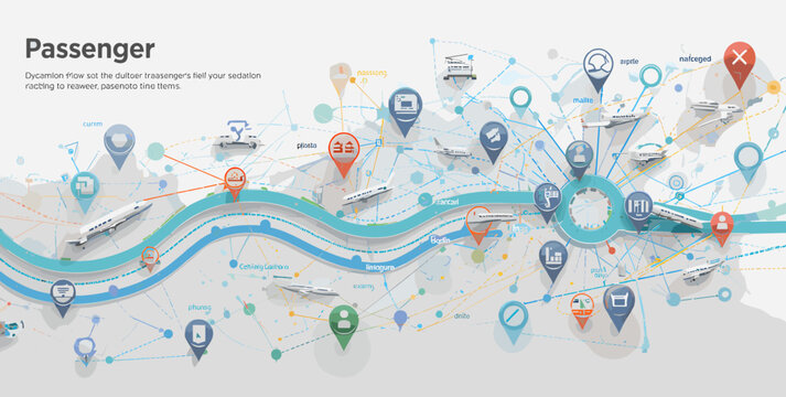 An intricate digital network map illustrating global passenger travel and logistics, featuring interconnected airplanes, location pins, and user icons on a wavy blue path.