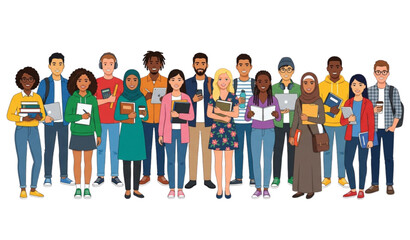 Obraz premium Diverse High School and College Students Standing Together Flat Vector Character Set Isolated on White