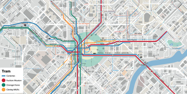 Detailed map of a city's tram and metro public transport network with various colored lines and a central hub.