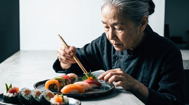 Elderly woman garnishing sushi with chopstick and attention to detail, traditional preparation and delicate presentation conveying calm focus and craftsmanship