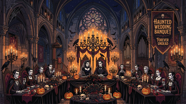 Grand gothic cathedral hall hosts a haunted wedding banquet for vampires with long candlelit tables and a banner reading Forever Undead.
