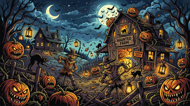 Menacing scarecrows with pitchforks guard a haunted farm at night with evil carved pumpkins and a wooden barn full of glowing orange light.