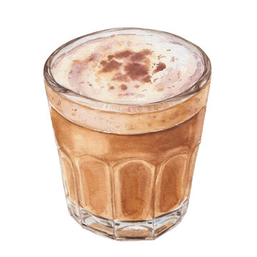 Watercolor Cappuccino in Transparent Glass Tumbler Isolated on White Background