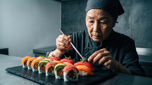 Elderly chef garnishing fresh sushi rolls with tweezers, focused precision and traditional technique in professional kitchen