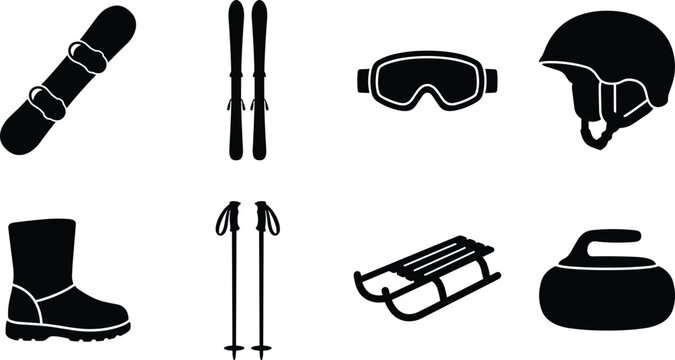 Vector silhouettes of winter sports equipment icons including snowboard, skis, helmet, ski poles, sled, and curling stone