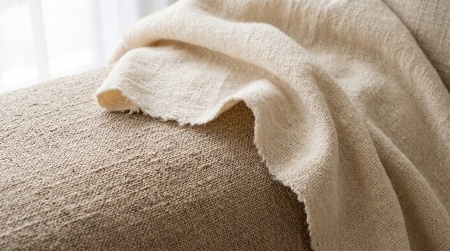 Soft woven blanket draped over textured canvas sofa, neutral cream tones, cozy natural linen fabric, relaxed living room styling, soft light and warm texture