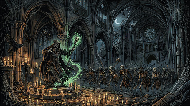 Dark necromancer in robes summons an army of skeletons inside a ruined gothic cathedral using a glowing green magical staff at night.