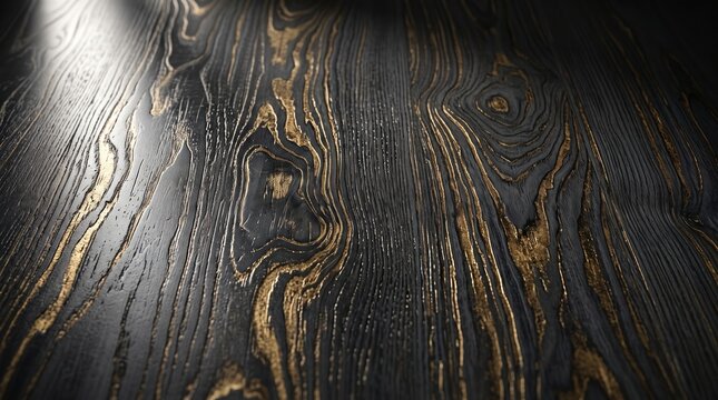 Close up of dark wooden surface with satin finish and aged gold grain highlights, high fidelity texture and dramatic lighting evoking luxury and warmth