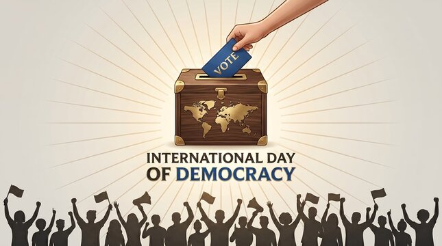 Detailed Stylized Illustration of Hand Casting Vote into Ballot Box adorned with World Map on International Day of Democracy