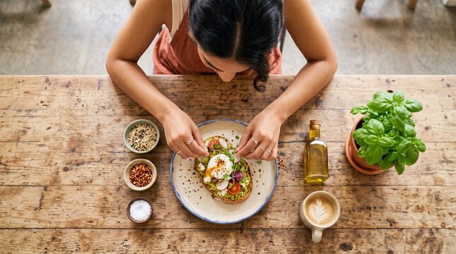 Woman arranging avocado toast with poached egg, radish, microgreens and seeds on rustic wooden table, latte and olive oil nearby, overhead food styling and healthy breakfast scene