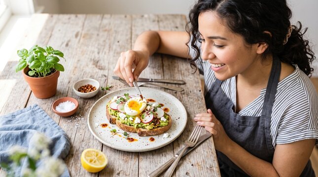 Young woman smiling while plating avocado toast topped with soft egg and radish slices, rustic wooden table, fresh herbs and lemon, bright natural light, cozy breakfast scene