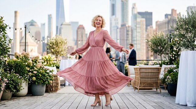 Woman in flowing pink dress twirling on rooftop terrace with city skyline in background, joyful expression, evening event atmosphere with plants and guests mingling