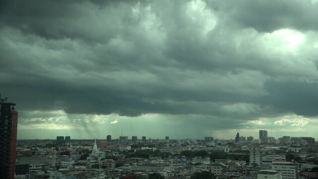 Cityscape of Bangkok during heavy rain in the monsoon season, Bangkok, Thailand.