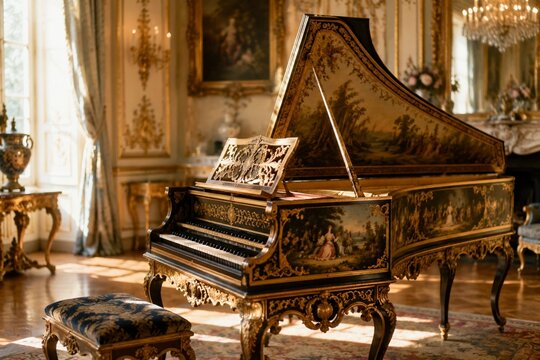 An ornate harpsichord in a palatial room bathed in soft light.