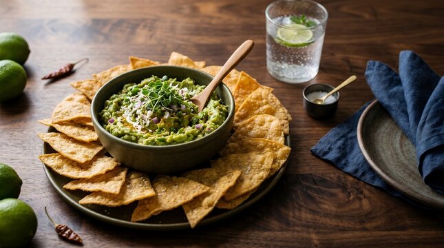 Delicious Green Guacamole Dip with Crispy Tortilla Chips and Refreshing Lime Water